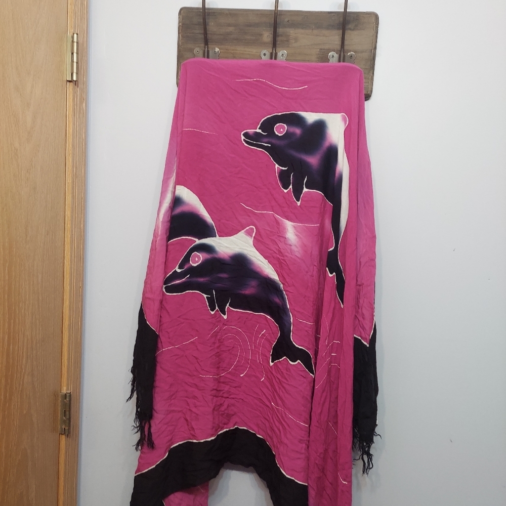 Dolphins swimsuit cover wrap flowy Mexico pink black fringe beachy waves tie